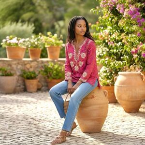 RAJ for Anthropologie Paisley Print Embroidered Pink V-Neck Long Sleeves Top M